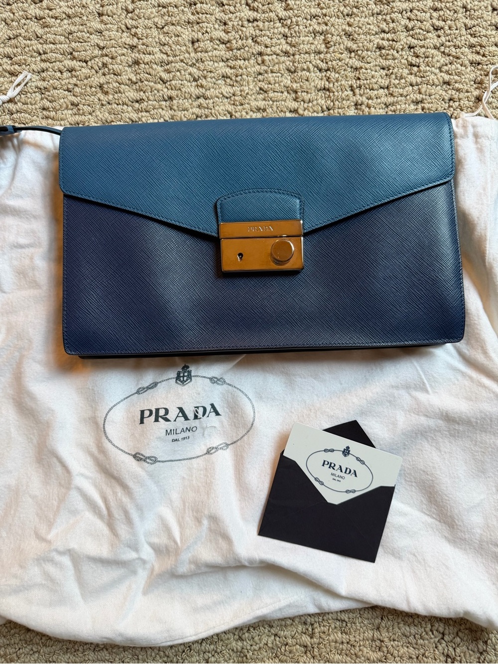 Prada Blue Saffiano Leather Envelope Clutch with Gold Hardware - Picture 6 of 6